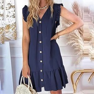 Andree by Unit boutique navy blue ruffle sleeve dress buttons size Large